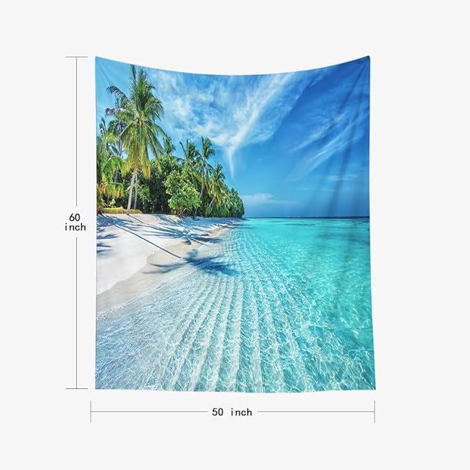 EMMTEEY Beach Tapestry Home Decor Wall Art Vertical 50X60 Inch-Summer Calm Sea Waves with Palm Trees Durable Hanging Tapestry for Bedroom