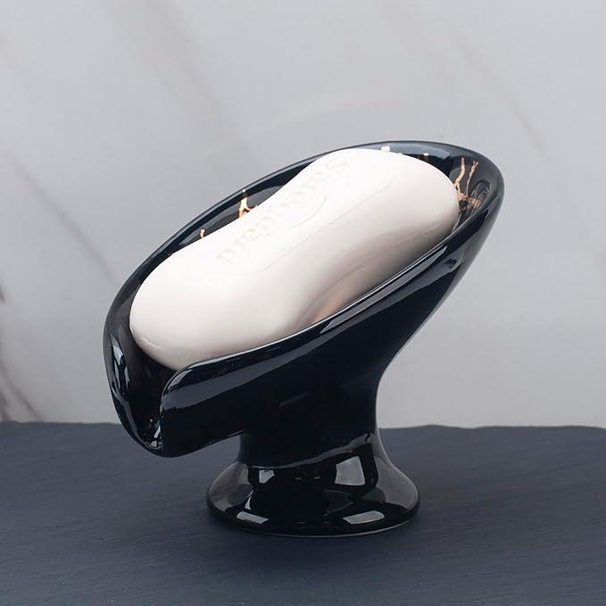 Soap Dish, Ceramic Soap Holder, Self Draining Soap Dish Holder, Leaf Shape Soap Bar Holder (Black)