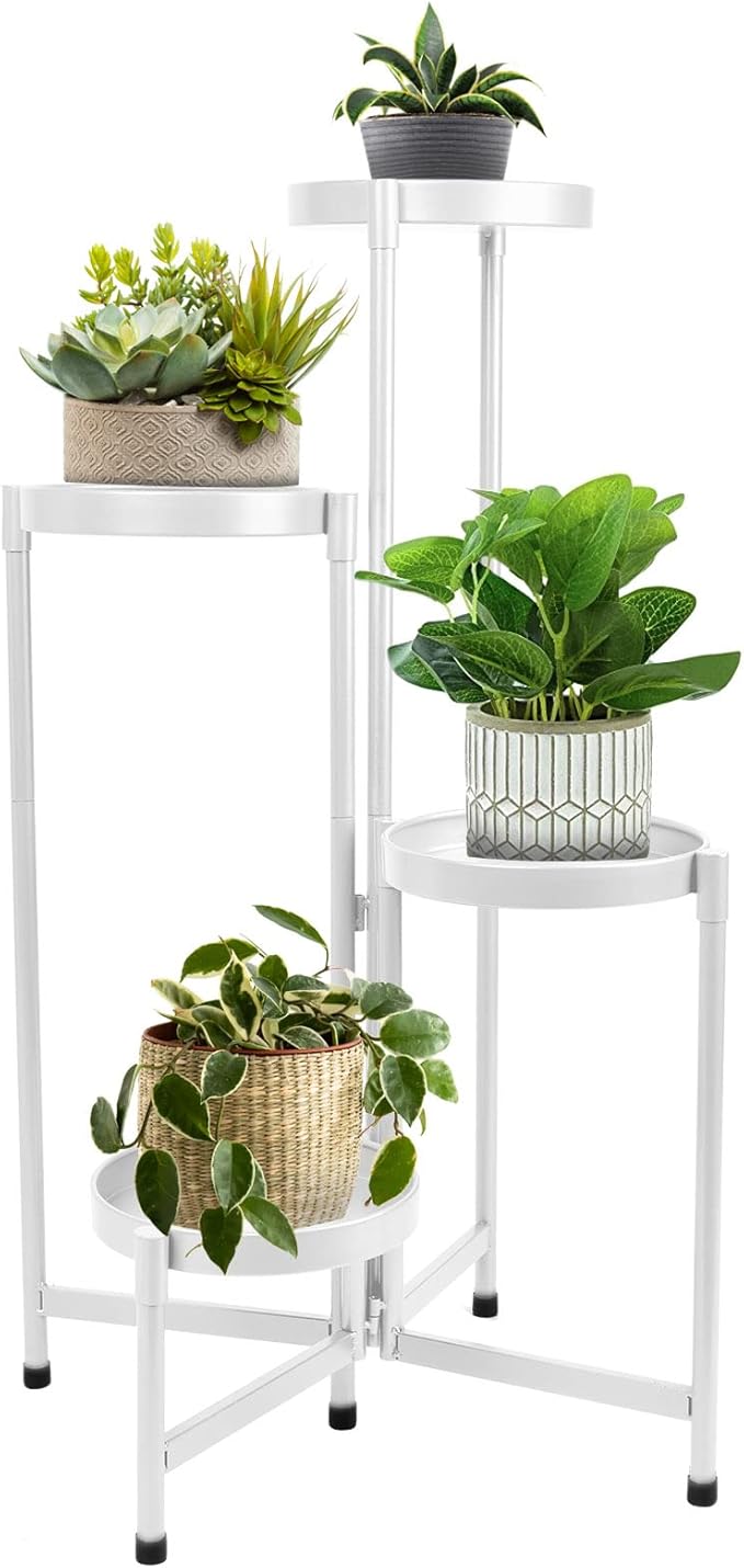 4 Tier Plant Stand Indoor Outdoor, 31 Inch Tall Metal Plant Shelf Waterproof, Plant Holder with Folding Design For Home, Living Room, White