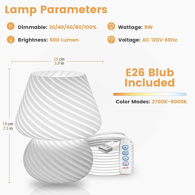 USB Plug-in Mushroom Lamp Small Bedside Table Lamp with 3 Temperature LED Bulb,Free Dimming Nights Light for Bedroom/Living Room/Entryway/Corner Decor (Stripe White)