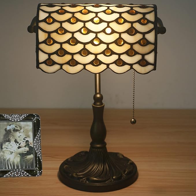 Tiffany Style Bankers Table Lamp Stained Glass Piano Desk Lamp Vintage Bedroom Bedside Lamp for Study,Antique Alloy Base,Zipper Switch,Green c