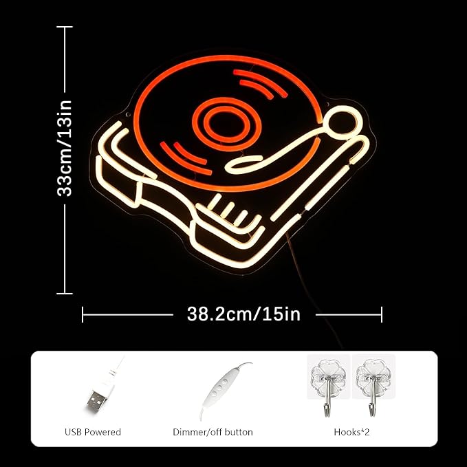 Record Player Neon Sign Retro Red Warm Music Record Neon Light Neon Signs for Studio Decor Live Art Neon Light Sign for Bedroom Beer Bar Decoration