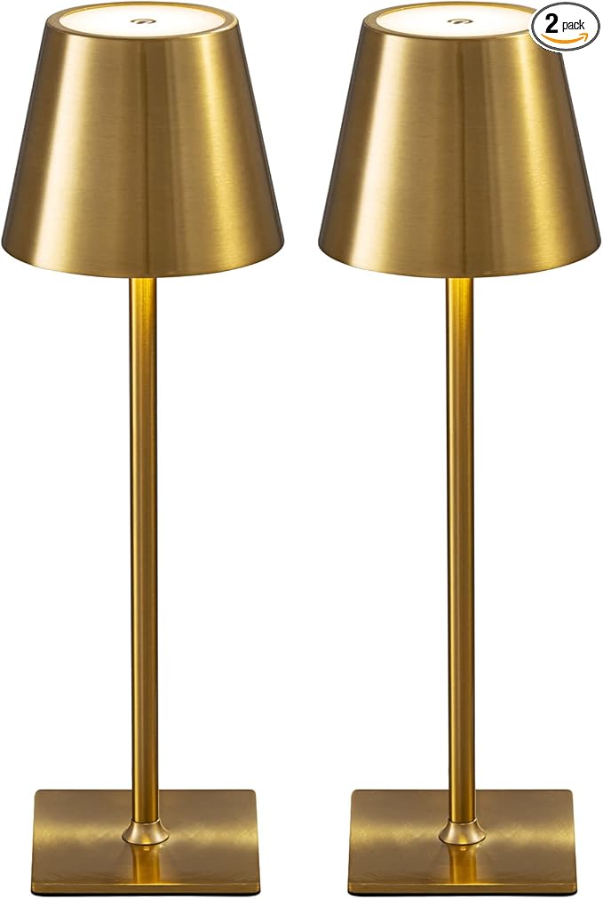 KDG 2 Pack Cordless Table Lamp,Portable LED Desk Lamp, 5000mAh Battery Operated, 3 Color Stepless Dimming Up, for Restaurant/Bedroom/Bars/Outdoor Party/Camping/Coffee Shop Night Light(Gold)