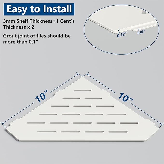 10 in White Corner Shelf, Floating Corner Shelf for Tile Wall, Tile Shower Shelf, 304 Stainless Steel Wall Storage Shelves for Bathroom, No Drilling