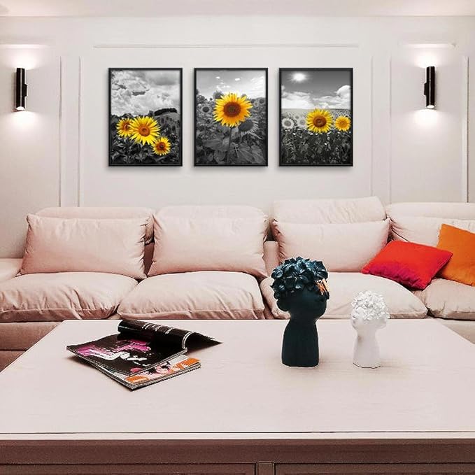 Black Framed Wall Art For Living Room Wall Decor For Bedroom Sunflower Flowers Wall Paintings Room Decor Black And White Pictures Artwork Kitchen Home Decoration Set of 3 Piece Framed Art Prints