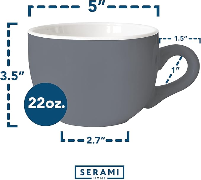 Serami Oversized Ceramic Coffee Mug with Handle - Large 22 oz Coffee Cup, Perfect for Latte, Cappuccino, Soup, Cereal - Ideal for Everyday Use - Ceramic Bowl Set, Large Coffee Mug Set (Gray 2 Pack)