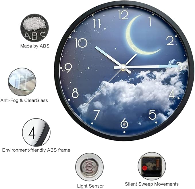 OCEST 12 Inch Night Light Wall Clock for Bedroom, Silent Battery-Operated Wall Clock Glow in The Dark for Living Room/Kitchen, Large Digital Display Kids Birthday Present-Moon