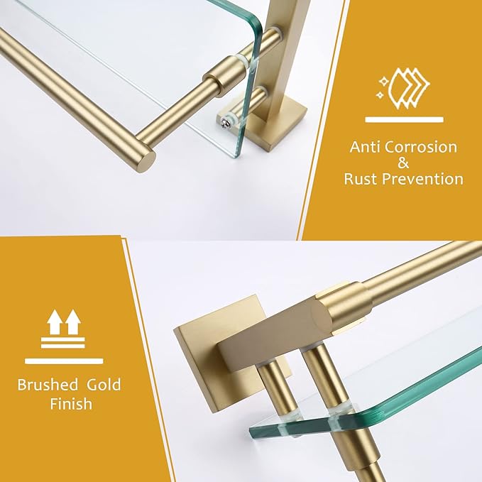 KOKOSIRI Bathroom Shelves with Towel Holder Rustproof 20'' Bathroom Tempered Glass Shelf with Rails Wall Mounted Stainless Steel, Brushed Gold Finish, B1103BG-L20