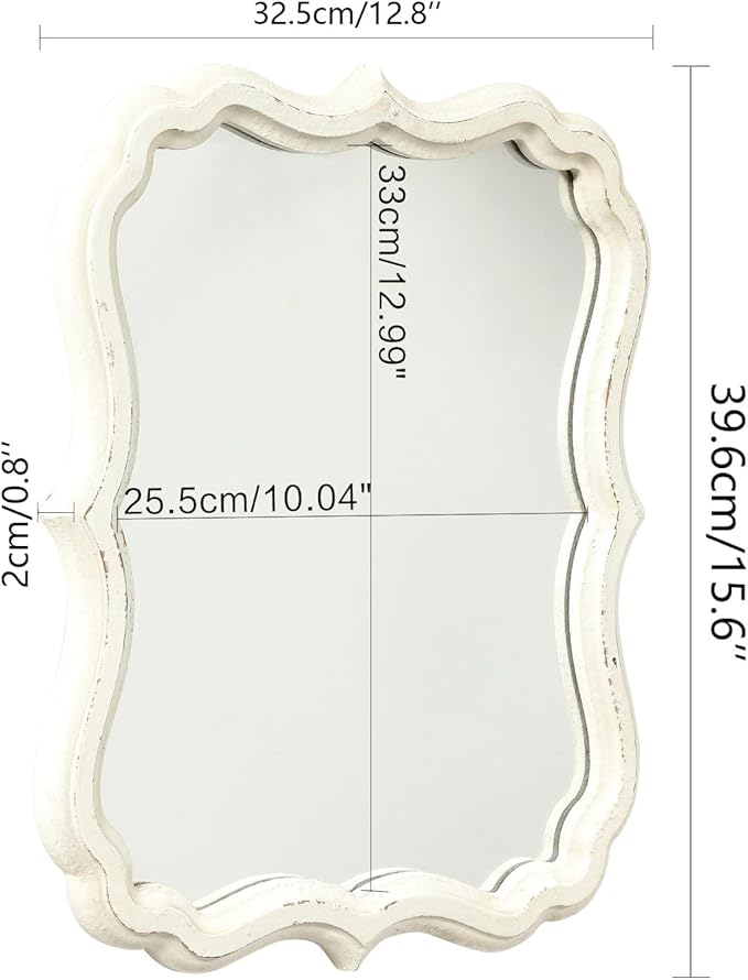 Rustic White Small Scalloped Wall Mirror 12" x 15", Mirror Wall Decor, Decorative Wall Mounted Mirrors, Bathroom Mirrors for Vanity, Distressed Finish Vintage Wall Mirror for Living Room