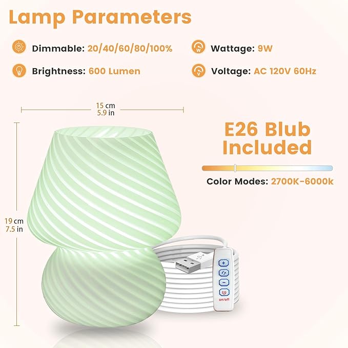 USB Plug-in Mushroom Lamp Small Bedside Table Lamp with 3 Temperature LED Bulb,Free Dimming Nights Light for Bedroom/Living Room/Entryway/Corner Decor (Stripe Green)