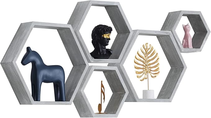 PHOENANCEE Hexagon Floating Shelves,Wall Mounted Wood Farmhouse Storage Honeycomb Wall Shelf Set of 5,for Bathroom, Kitchen, Bedroom, Living Room,Office,Driftwood Finish (Vintage Grey)