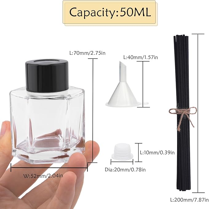 4PCS Glass Reed Diffuser Bottle Empty Diffuser Jars with Black Caps and Sticks Set 50ML 1.76Ounce Fragrance Accessories Use for DIY Essential Oils Home Fragrance