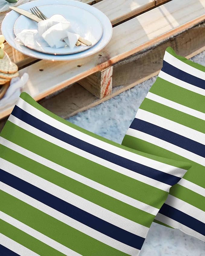 Outdoor Waterproof Throw Pillow Covers Set of 2 Navy Blue Green Stripes Decorative Outdoor Pillows Cushion Case 24x24 Inch Classic Striped Patio Pillows for Couch Sofa Bed Garden Office Home Decor
