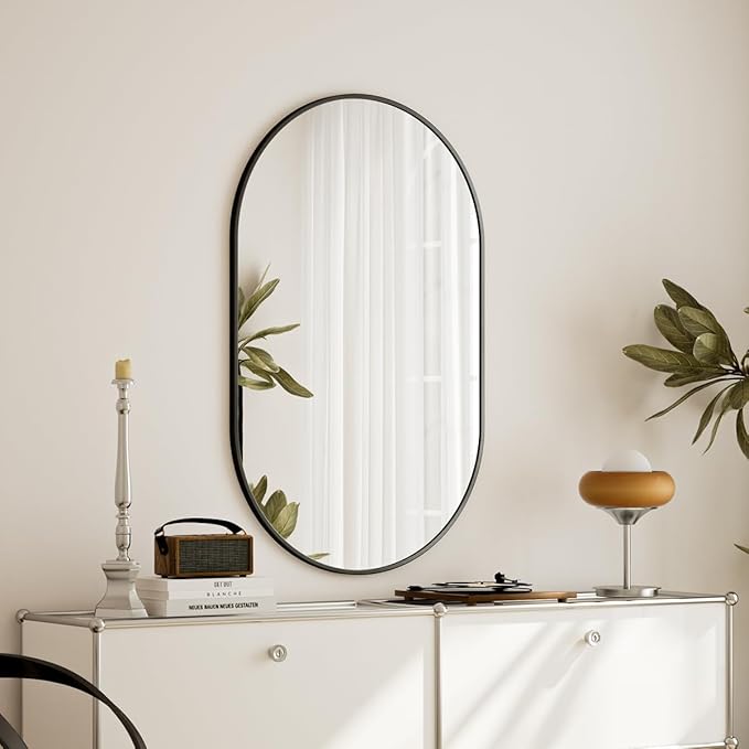 Black Oval Wall Mirror, 22x38 inch Oval Bathroom Mirror, Wall Mounted Vanity Mirror with Metal Framed, Tempered Glass and Reflective High Definition, Mounted Horizontally or Vertically