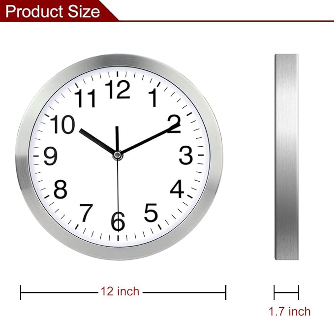 Wall Clock Metal Frame Glass Cover Non-Ticking Number Quartz Wall Clock 12inch Modern Quartz Design Decorative Indoor/Kitchen Silver