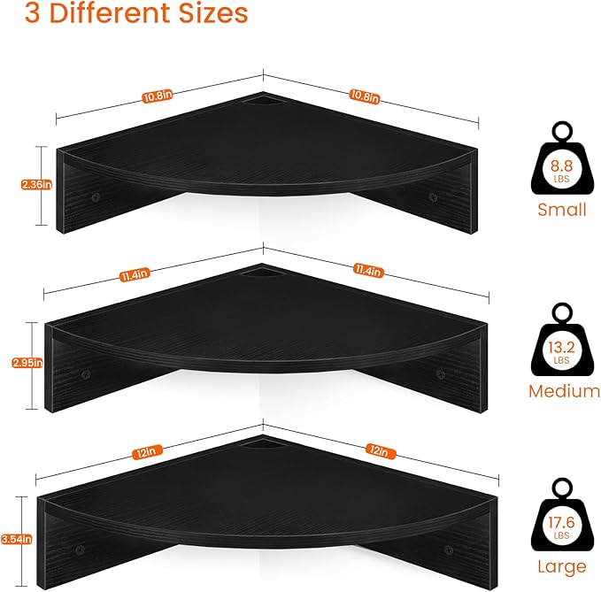 Homode Corner Floating Shelves, Set of 3 Corner Shelves Wall Mounted with Cable Hole, 3 Tier Wooden Hanging Corner Storage Shelf for Bedroom, Living Room, Kitchen, Black