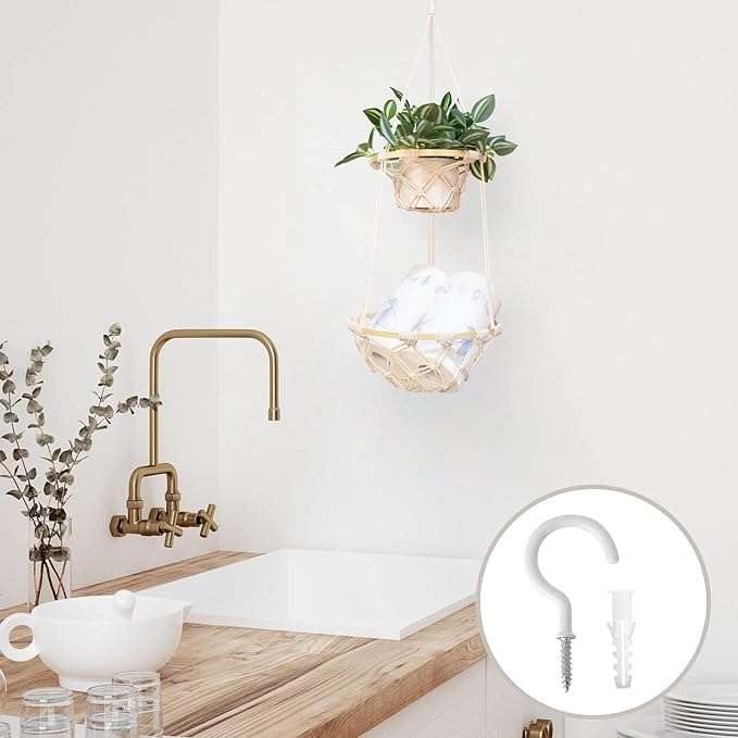2 Tier Macrame Hanging Fruit Basket, Boho Vegetable Holder for Kitchen Food Storage with Hook, Bohemian Cotton Produce Multi Organizer, Plant Hanger Decor for Home Living Room Women Christmas Gift