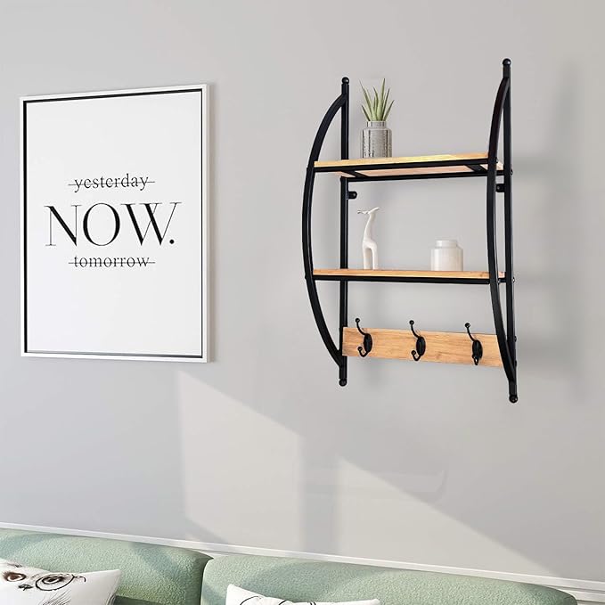 AGILE&KEEN Wall Mounted Bathroom Shelf, 2-Tier Wood and Iron Storage Rack with Hooks, Black Metal Frame 16" W X 7" D X 29" H