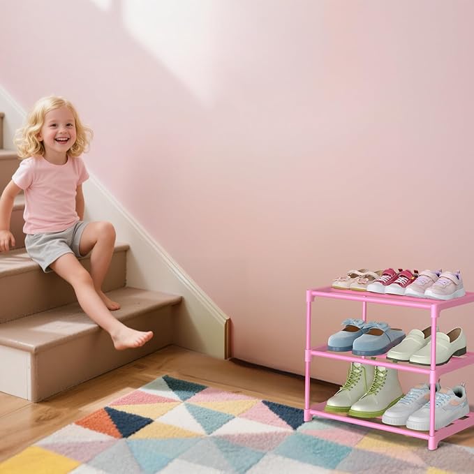 3-Tier Free Standing Shoe Racks for 5-7 Pairs Shoe Storage,Kids Shoe Racks for Small Place, Lightweight Stackable Shoe Shelf Organizer for Entryway, Doorway and Closet,Pink