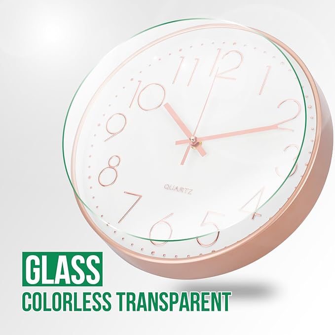 Wall Clock 10 Inch Non-Ticking Silent Modern Simple Style Round Decor Clock Rose Gold Stereoscopic Dial Quartz Wall Clocks for Home/Office/School/Living Room/Bedroom/Kitchen
