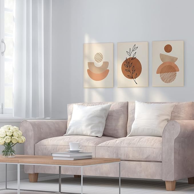 Boho Minimalist Wall Art Set - Modern Framed Canvas Prints Featuring Bohemian Style, Geometric Figures, and Abstract Art - Ideal for Home or Office Wall Decor (12"x16", Set of 3)