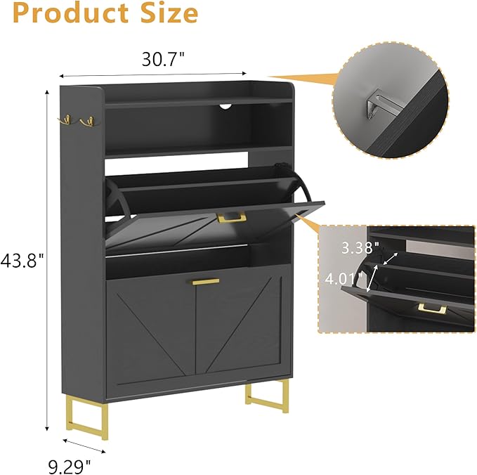 Shoe Cabinet with 2 Flip Drawers, Freestanding Hidden Shoe Storage Organizer for Entryway, Narrow Slim Shoe Rack Cabinet with Open Storage & Hooks for Front Door Entrance, Living Room, Hallway, Black