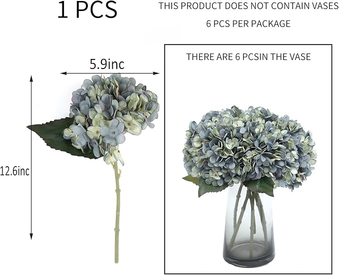 Kimura's Cabin Fake Flowers 6pcs Artificial Silk Hydrangea Flower Bouquets Faux Hydrangea Stems for Home Wedding Party Table Core Autumn Garden Halloween Decoration (Deep Lake Blue, Pack of 6)