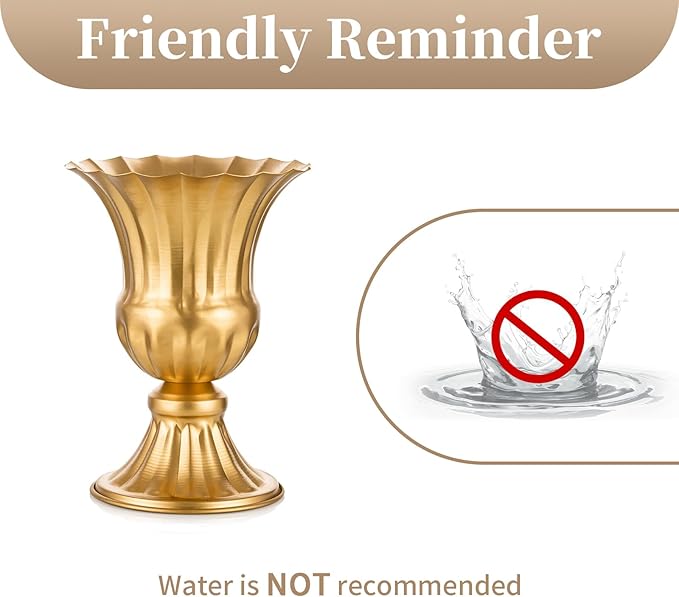Sziqiqi Gold Flower Arrangements Vase for Wedding Table Centerpiece - 9in Metal Planter Vase Pot for Artificial Real Flower Small Trumpet Plant Urn for Garden