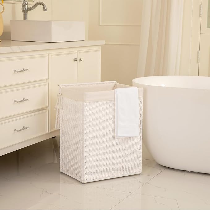 OIAHOMY Laundry Hamper with Lid, 23.8 Gal (90L) Wicker Hamper with Removable Liner Bags, Handwoven Clothes Basket with Handles, Foldable Woven Paper Rope Basket for Laundry Room, Bedroom-White
