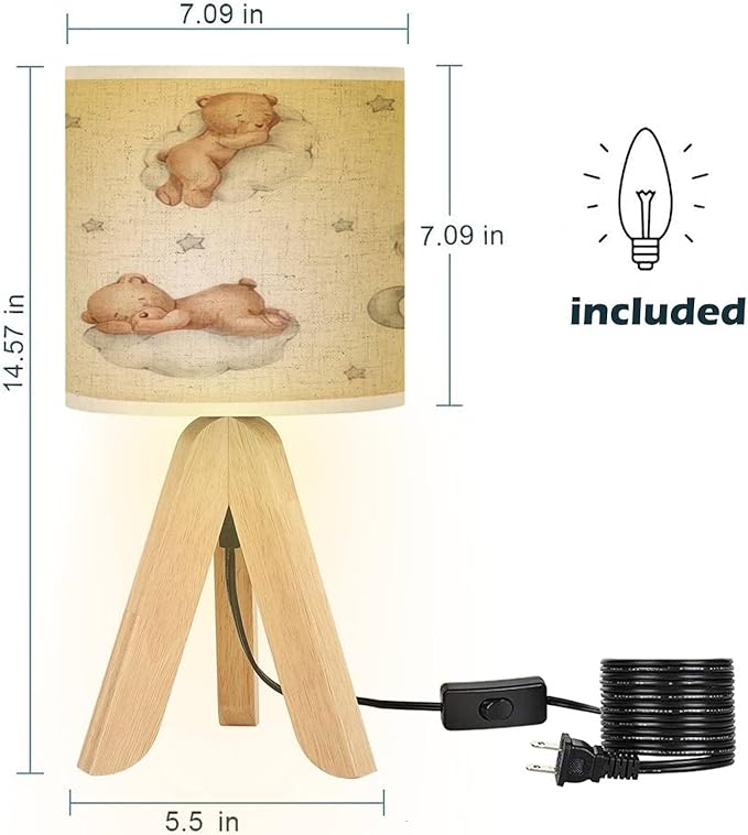 Wooden Tripod Nightstand Lamp Small Bedside Table Lamp with Light Bulb Adjustable Seamless Teddy Bears Clouds Moon Stars Watercolor Hand Drawn White Light Cute Desk Lamps for Nursery Bedroom