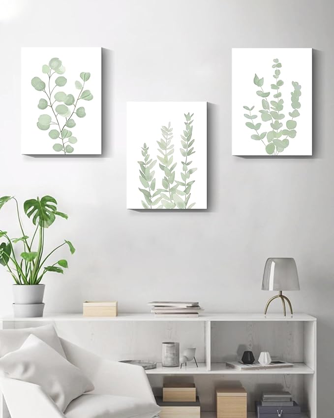 Botanical Eucalyptus Canvas FRAMED Wall Art,Boho Plant Wall Decor for Bedroom,Minimalist Prints for Living Room,Light Green Botanical Art Painting for Bathroom,Set of 3,12”x 16”