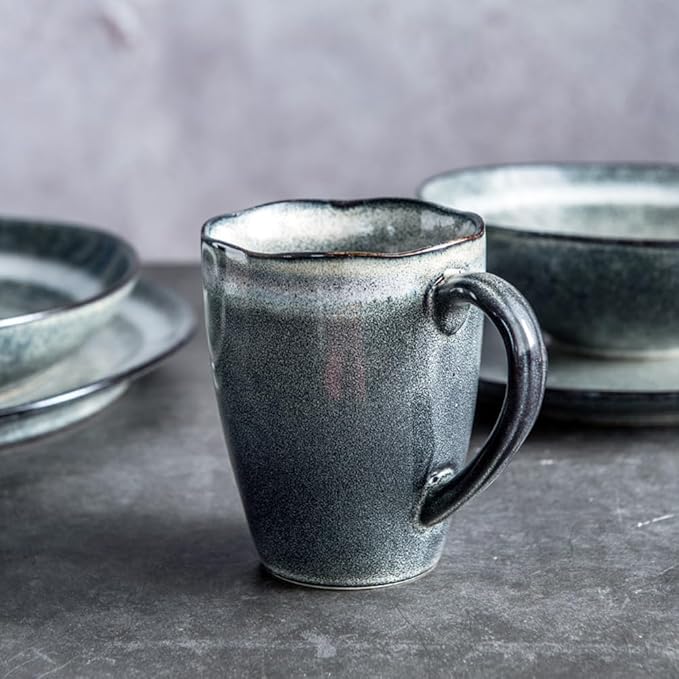 Ceramic Coffee Mugs, Furnace transmutation Craft, 12oz, Vintage Tea Cups with Handle for Office/Home, Handmade Pottery Mug, Corrugated Rim, Dishwasher and Microwave Safe. (Blue)