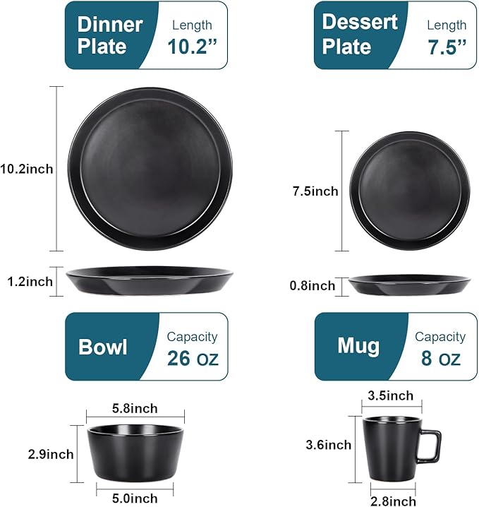 Plates and Bowls Sets, 16 Pieces Dinnerware Sets, Service For 4, Black