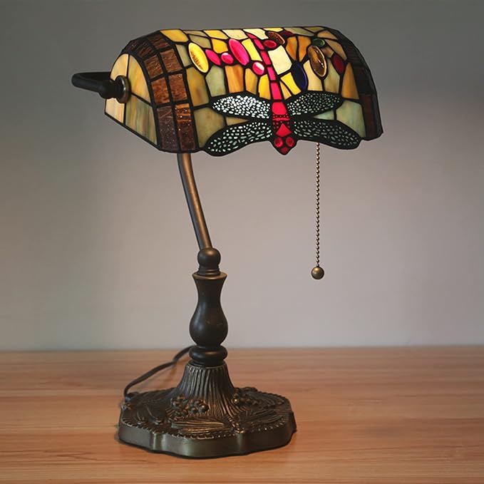 Tiffany Style Bankers Table Lamp Stained Glass Piano Desk Lamp Vintage Bedroom Bedside Lamp for Study,Antique Alloy Base,Zipper Switch,Dragonfly a