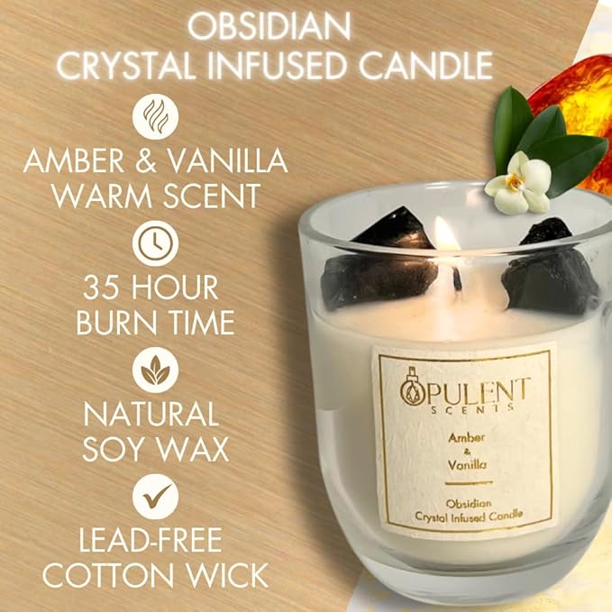 Crystal Candle & Diffuser Set with Obsidian – Amber & Vanilla Aroma by Opulent Scents | 100% Natural Soy Wax & Oils | Healing & Protection Gift for Home