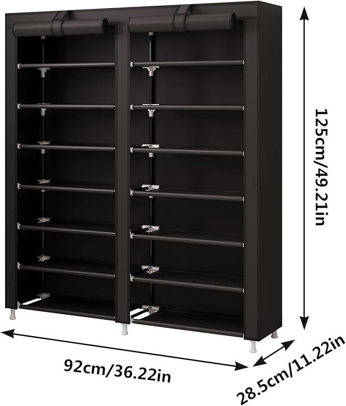 MOYIPIN Shoe Rack Storage Organizer, Double Row Portable Nonwoven Fabric Cover Shoe Rack Holds up to 28 Pairs 36.2 x 11.2 x49.2 Inches Black