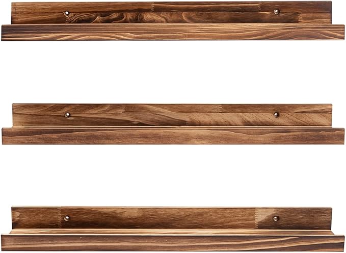 MBYD 24 Inch Carbonized Black Floating Shelves, Handmade Carbonized Black Wooden Picture Ledge Wall Shelf for Bedroom, Living Room, Office, Kitchen, Set of 3 Same Dimensions