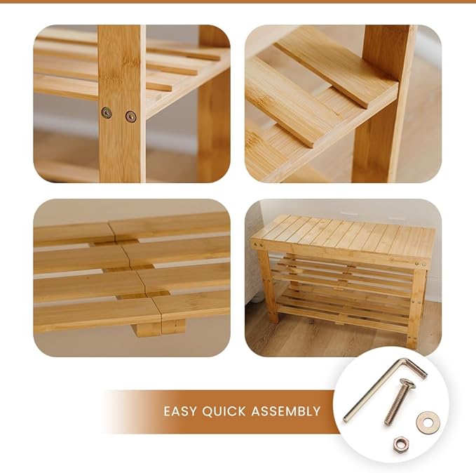 Leaf & Grain Bamboo Shoe Rack - Shoe Storage Bench for Front Door Entrance - Entryway Bench with Shoe Shelf, Shoe Storage Organizer, Wooden Shoe Rack, Durable Shoe Bench for Home (Natural)
