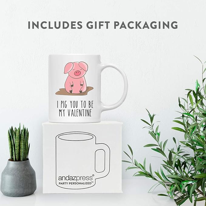 Andaz Press Valentine’s Day Funny Pun 11oz. His Her Couples Coffee Mug Gift, I Pig Pick You To Be My Valentine, Pig Graphic, 1-Pack, Gift Box