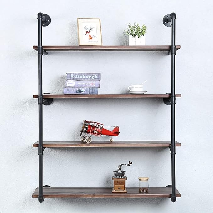 Industrial Pipe Shelving Wall Mounted,36in Rustic Metal Floating Shelves,Steampunk Real Wood Book Shelves,Wall Shelf Unit Bookshelf Hanging Wall Shelves,Farmhouse Kitchen Bar Shelving(4 Tier)