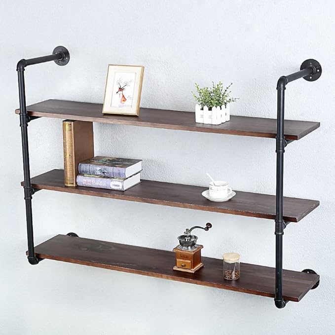 Industrial Pipe Shelves with Wood Planks,Bar Shelving Wall Mounted Hanging Book Shelf,Rustic Iron Floating Shelves for Wall(3 Tier 48in)