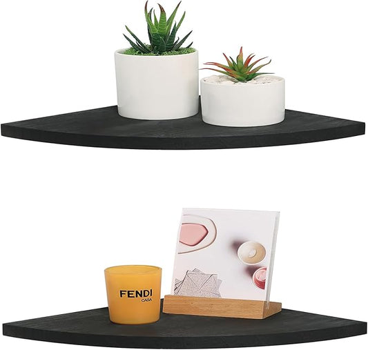 Corner Wall Shelves Set of 2, Rustic Wood Corner Floating Shelves with Cable Raceway, Wall Mount Storage Display for TV Accessories (Black, Fan-shaped-12 Inch)