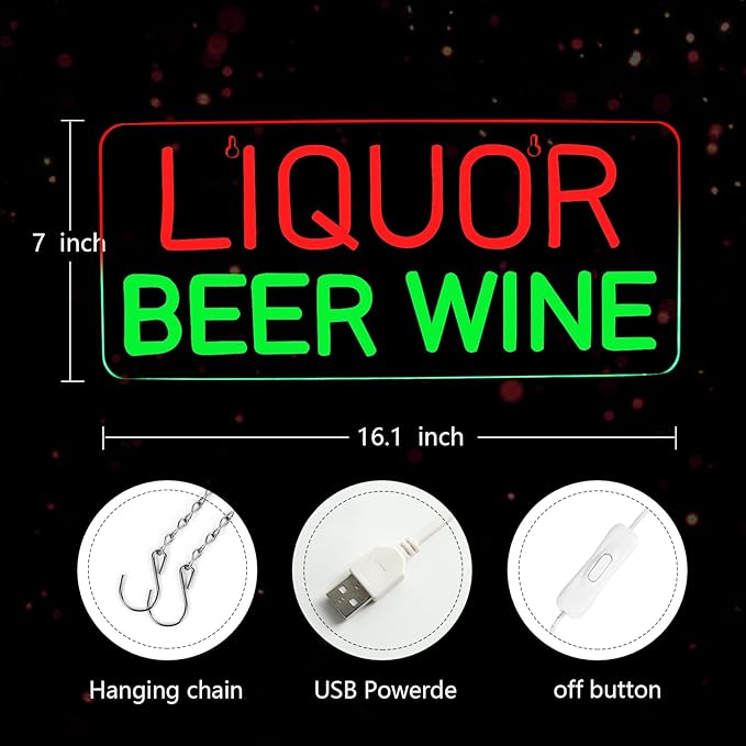 JFLLamp Liquor Beer Wine Neon Signs for Wall Decor Neon Lights for Bedroom Led Business Signs Suitable for Liquor Store Christmas Birthday Party Gift 5V Power Adapter, 16.1 * 7 Inch(Red+Green)