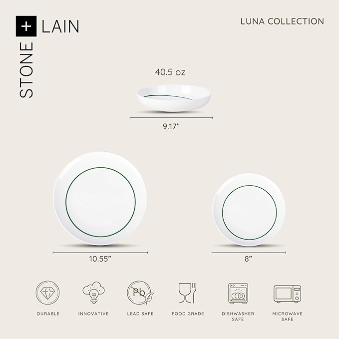 Stone Lain Luna 12-Piece Porcelain Dinnerware Set, Plates and Bowls Set, Dish Set for 4, Green