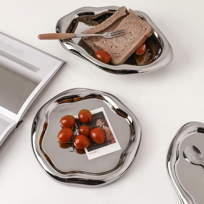 Silver Tray Decorative Vanity Tray Bathroom Tray Jewelry Dish Ceramic Silver Round Plate Holder Makeup Tray Home Organizers Irregular Storage Plate Bathroom organizer (Round)
