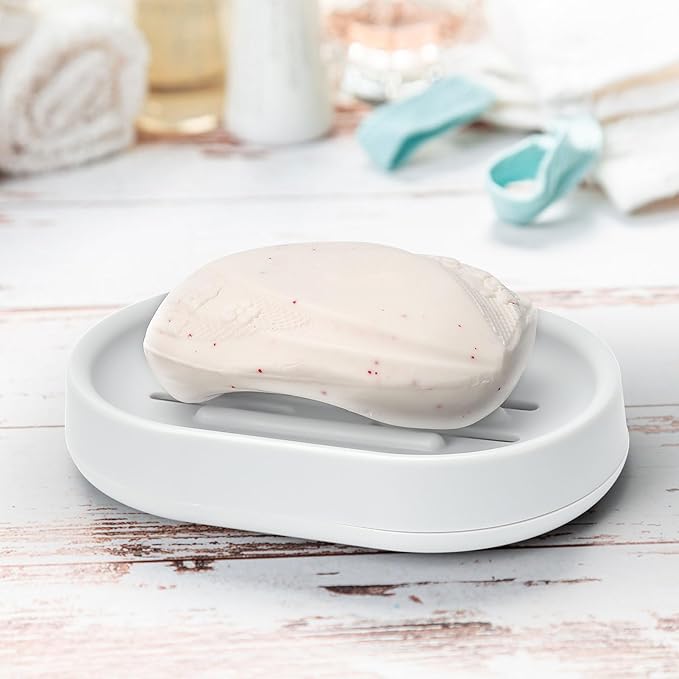 Topsky 2 Pack Soap Dish for Shower, Sink, Bathtub, Oval Plastic White Soap Bar Holder with Drain, Easy to Clean, Durable