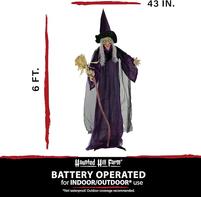 Haunted Hill Farm Life-Size Scary Talking Witch with Broomstick, Halloween Animatronic with Touch Activated Lights and Sound, Battery Operated Indoor or Covered Outdoor Halloween Decorations