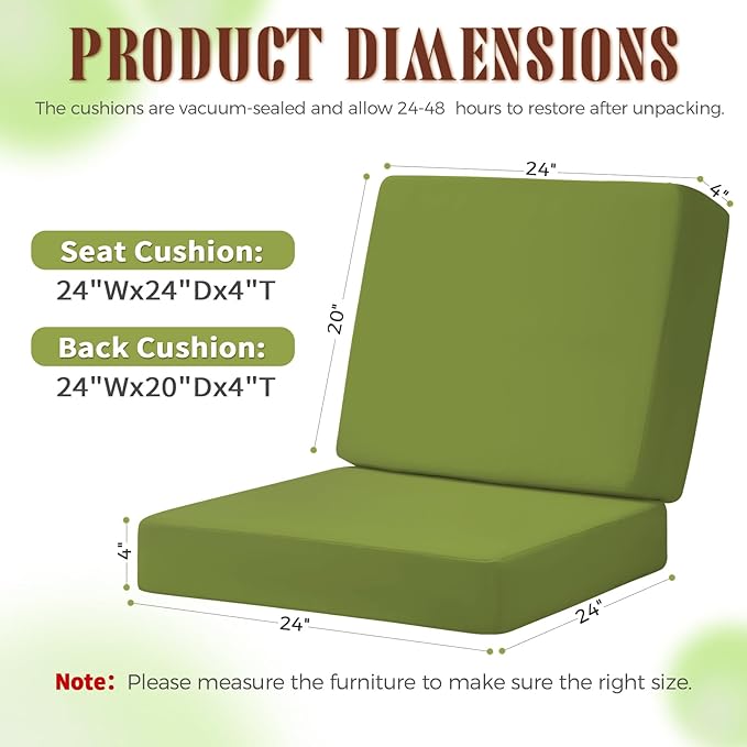 Outdoor Deep Seat Cushion Set, 24 x 24 Inch Waterproof and Fade Resistant Patio Furniture Cushion Backrest with Ties for Patio Garden Yard and Balcony (Green, 24x24Inch)