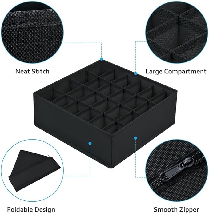 Foldable Underwear and Sock Organizer - 12 Pack Fabric Dresser Drawer Divider for Socks, Bra, Underwear, Tie, Black
