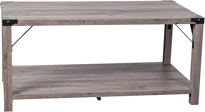 Flash Furniture Wyatt Modern Farmhouse 2 Tier Coffee Table - Gray Wash Engineered Wood Frame - Black Metal Crisscross Side Braces and Corner Accents